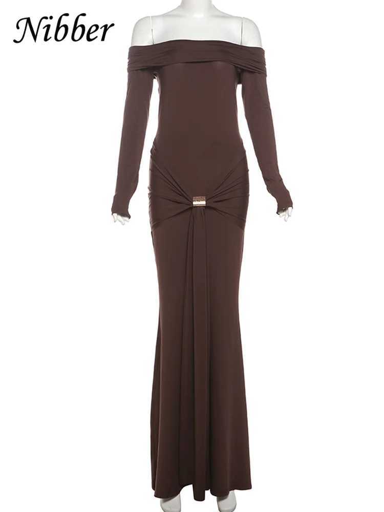 Nibber Elegant Party Dress Ruched Metal Buckle Ribbon Slash Neck Full Set Tight Stretch Birthday Party Slimming and Body Growth W250430