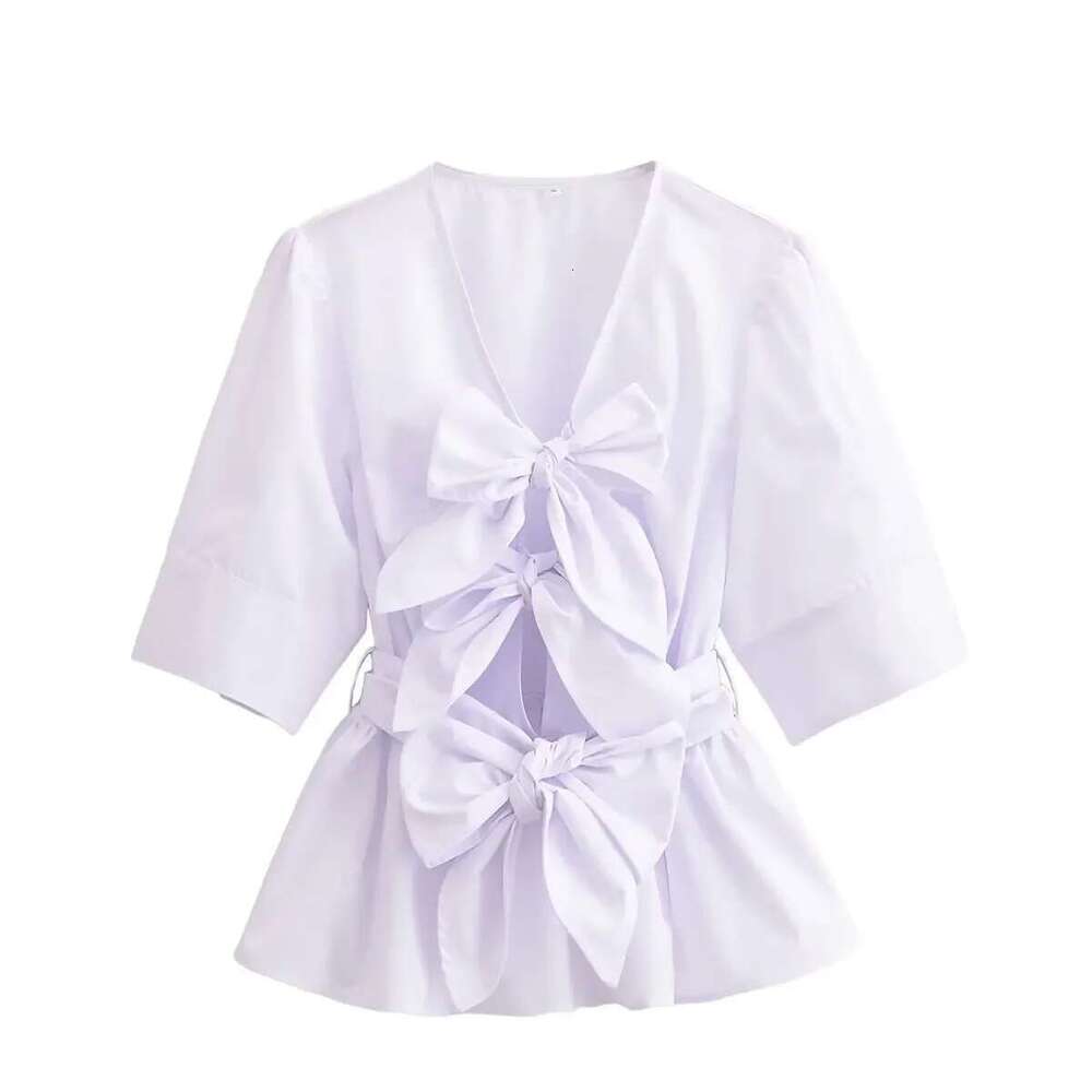 ZBZA Women's Bow-decorated Double-breasted Shirt V-neck Short-sleeved Tie-down Loose Hem T-shirt Spring and Summer New Chic Top
