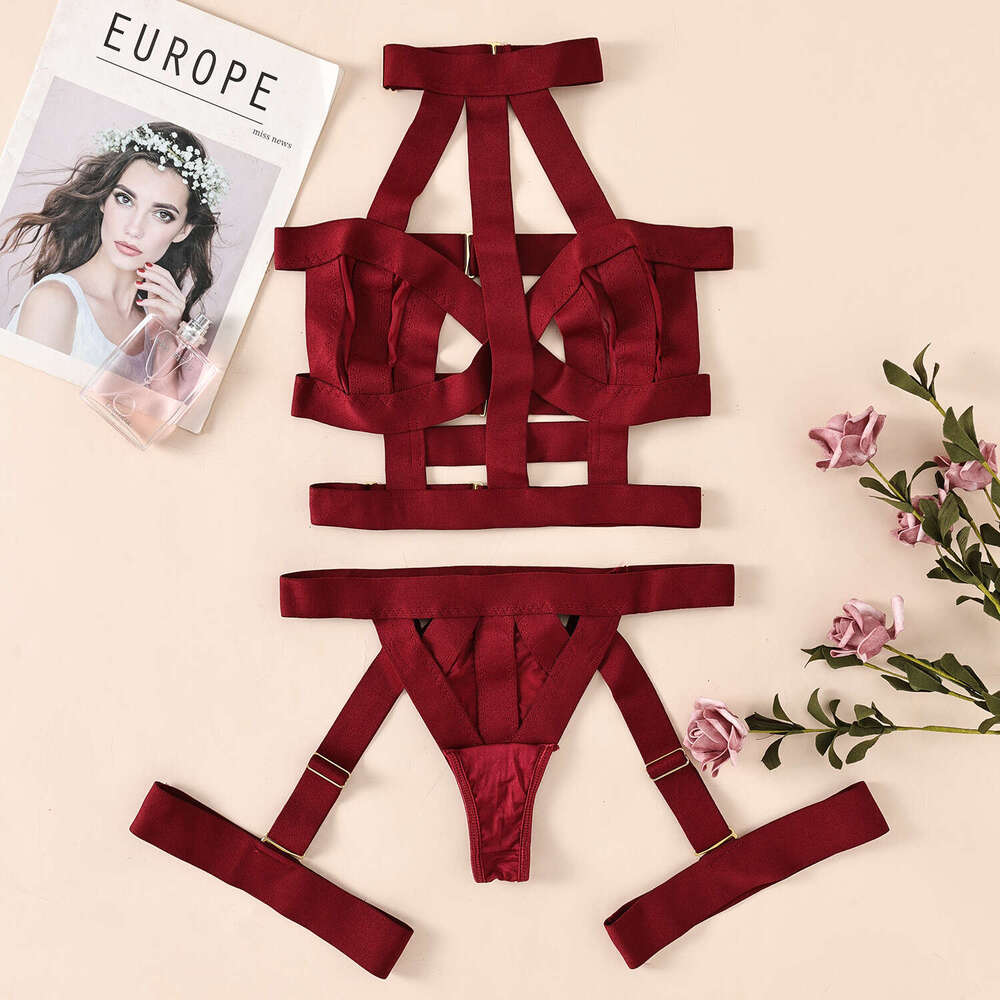 Sexy Underwear Nightclub Spicy Girl Sexy Motorcycle Splicing Strap Underwear Hanging Neck Temptation And Fun Set For Women
