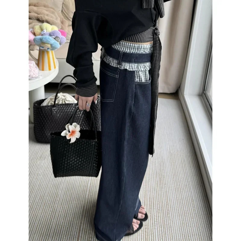 American retro plain patchwork jeans for women high waisted retro straight pocket denim jeans denim pants 250423