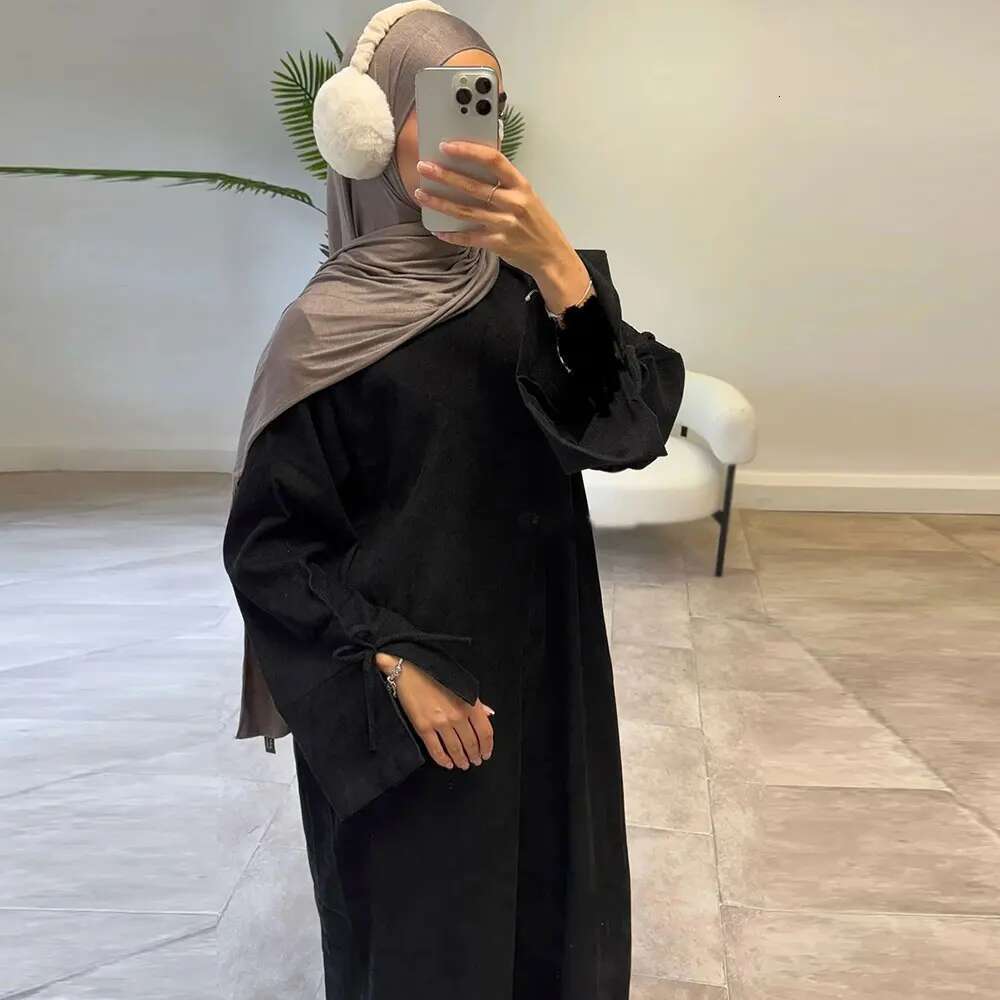 Winter Corduroy Bow Knot Sleeve Muslim Dress Modest Clothing Women Abaya Femmes Robe Musulmane Robes Prayer Clothes