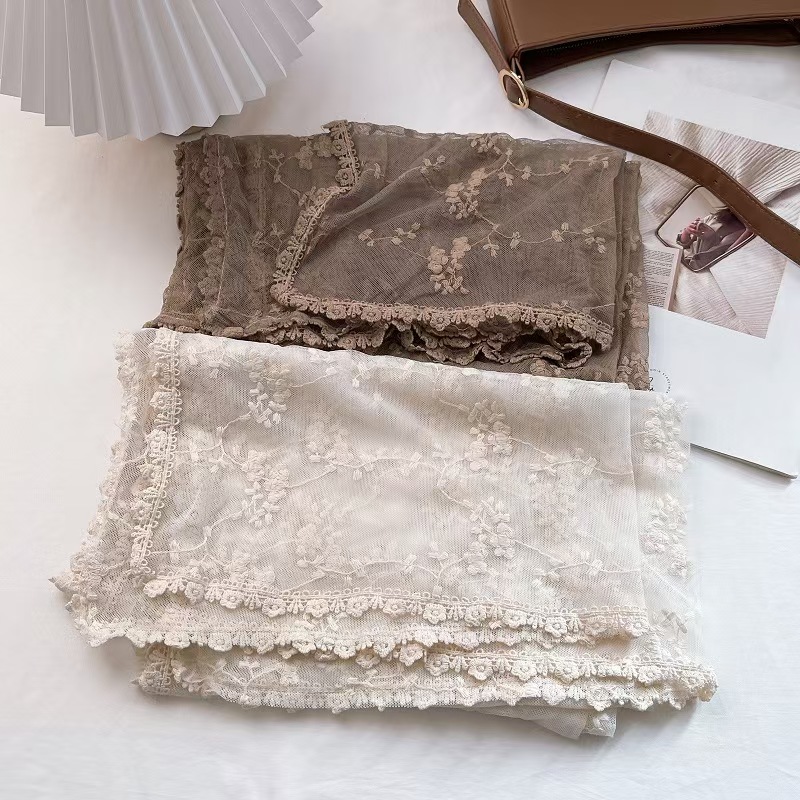 T602 retro hollow lace scarf female shawl silk scarf transparent white gauze scarf embroidery thin cotton and linen spring and autumn