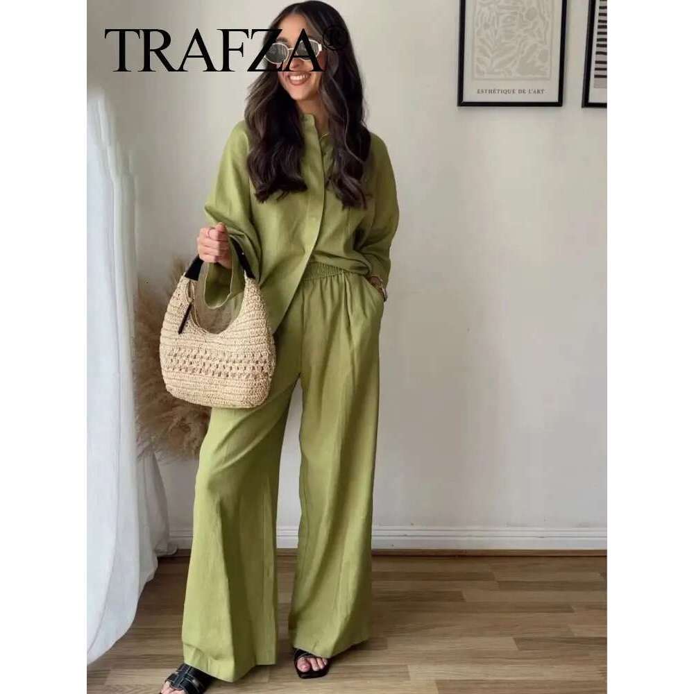 TRAFZA Women Fashion Solid Blouse Single Breasted Long Sleeve Lapel Shirts Casual Loose Female Commuting Chic Top
