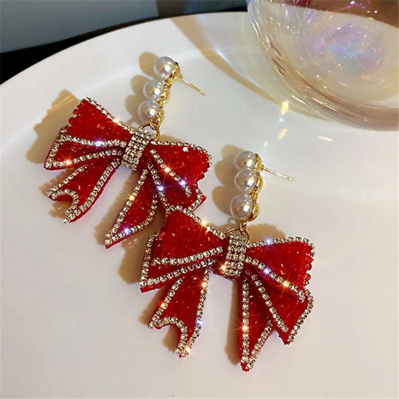Red Bowknot Dangle Earrings For Women Three Pearl Rhinestone Earring Weddings Party Sparkle Jewelry Charms Accessories
