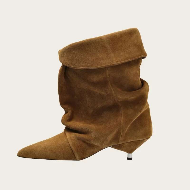 New Fashion Design Stiletto Pleated Shoes Comfortable Mid-calf Ankle Boots Pointed Thin High Heels Women