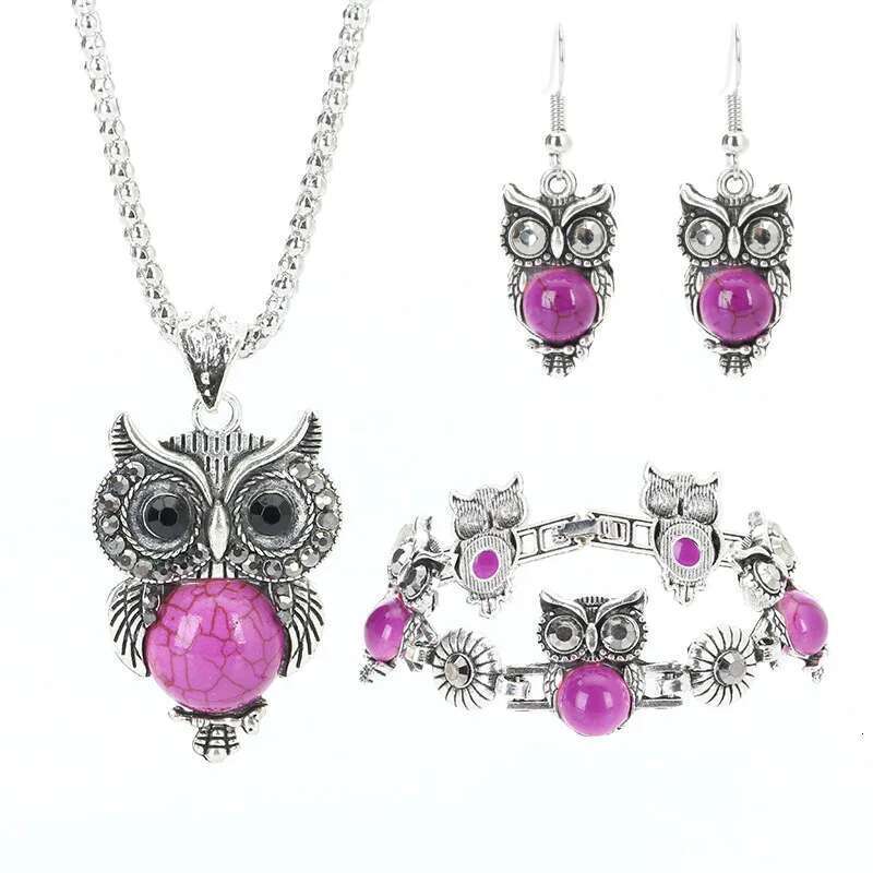 European And American Retro Set Ethnic Style Turquoise Owl Pendant Inlaid Earrings Necklace Bracelet Women's Jewelry