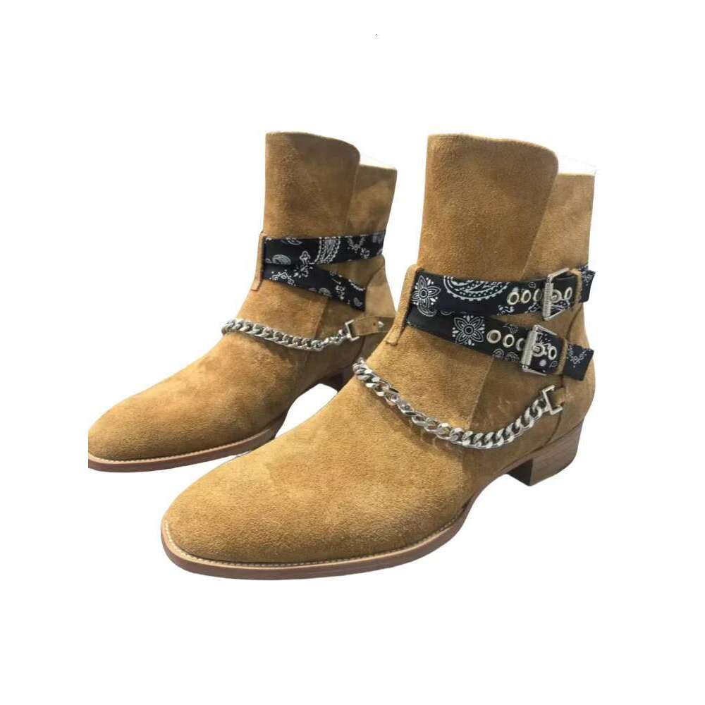 Metal Chain Frosted Double Buckle Fashion Ankle Boots High Top Pointed Casual Dress Shoes Men