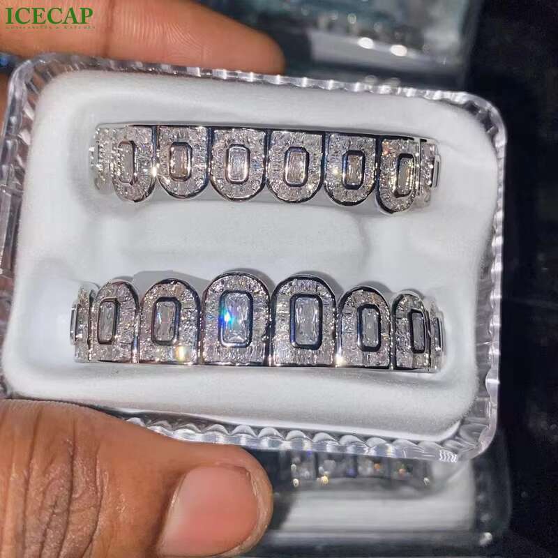 Custom Deep Cut Grillz S925 Silver VVS Moissanite Teeth Hip Hop Style 18K White Gold Honeycomb Setting Diamond Iced Out Grillz