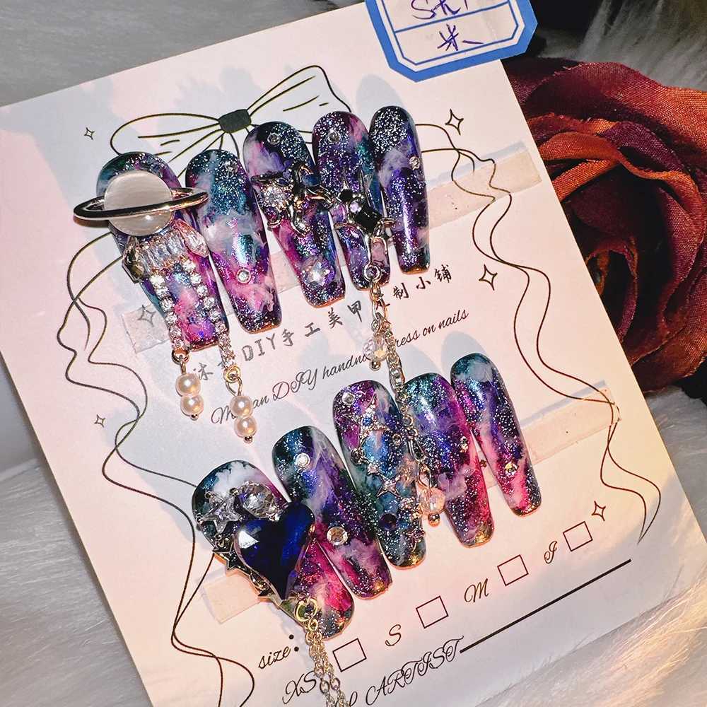 10P high-quality manual pressing nail cosmic star curve constellation feeling dark explosion flashing nail art real shooting hot girl H25429