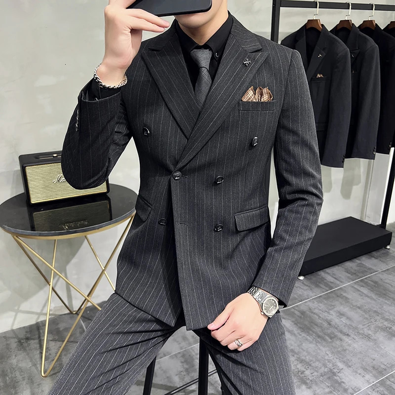 High quality Korean version slim fit business set setvestmens clothing striped double chest three piece 250428