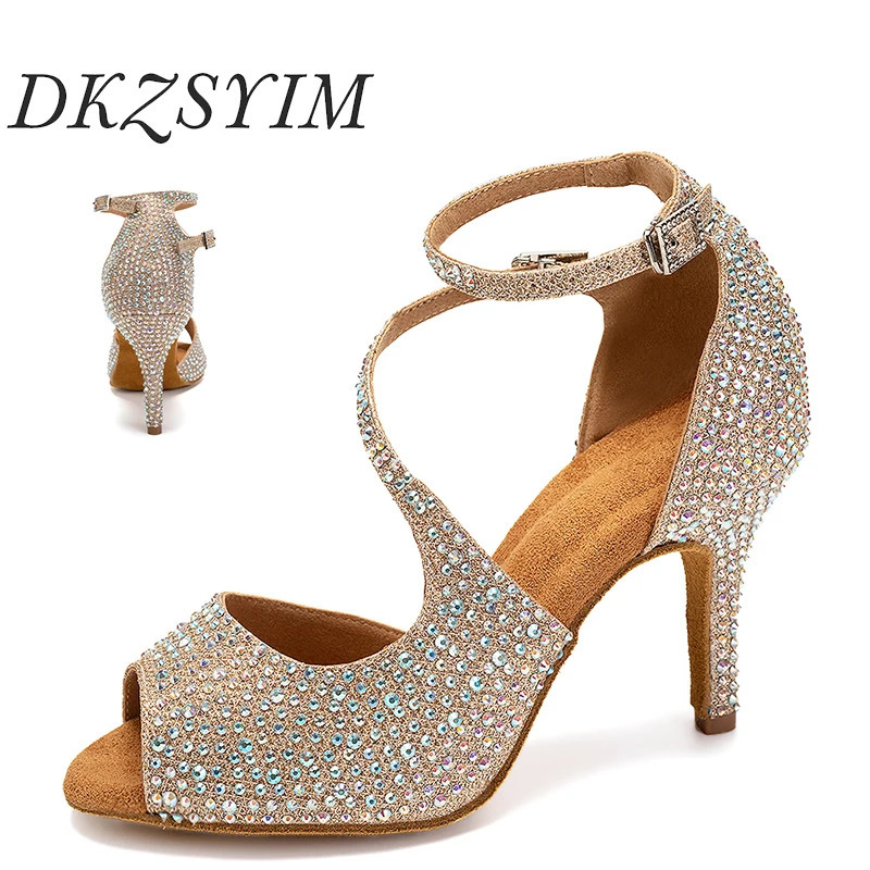 DKZSYIM Latin Dance Shoes Womens Ballroom Tango Rhinestone Dance Shoes High Heels Black/Silver/Gold Womens Wedding Shoes 250425