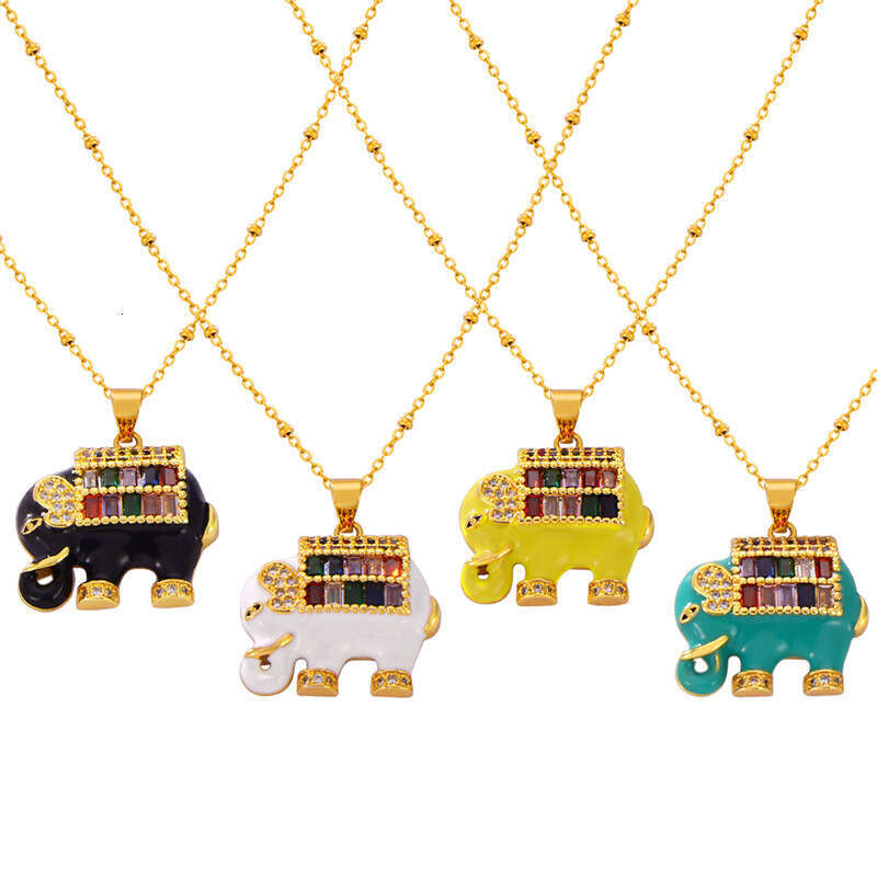 Ins Style Personalized Bead Chain Jewelry With Drip Oil Inlaid Dia Elephant Design, Copper Material Pendant, Titanium Steel Necklace