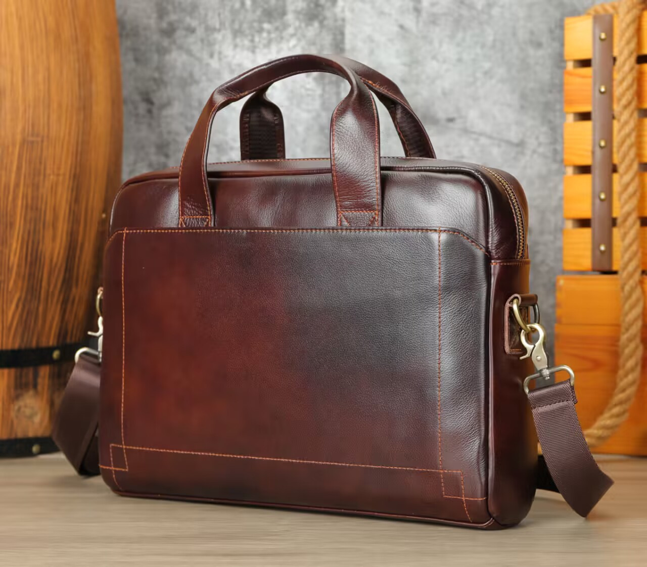 Malunte men's handbag with top layer cowhide briefcase, leather laptop bag, official bag