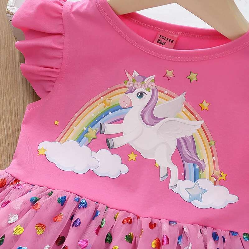 Summer New Girls' Flying Sleeve Rainbow Unicorn Princess Skirt Super Fairy Love Mesh Splicing Dress