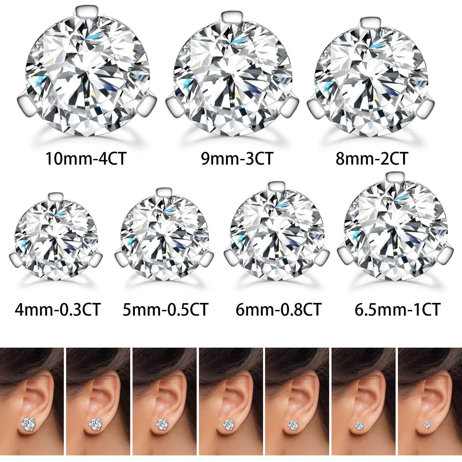 Unique 3 Prong Low Angle Setting VVS Moissanite Diamond Stud Earrings Nonallergic 925 Sterling Silver Ear Rings for Men Women