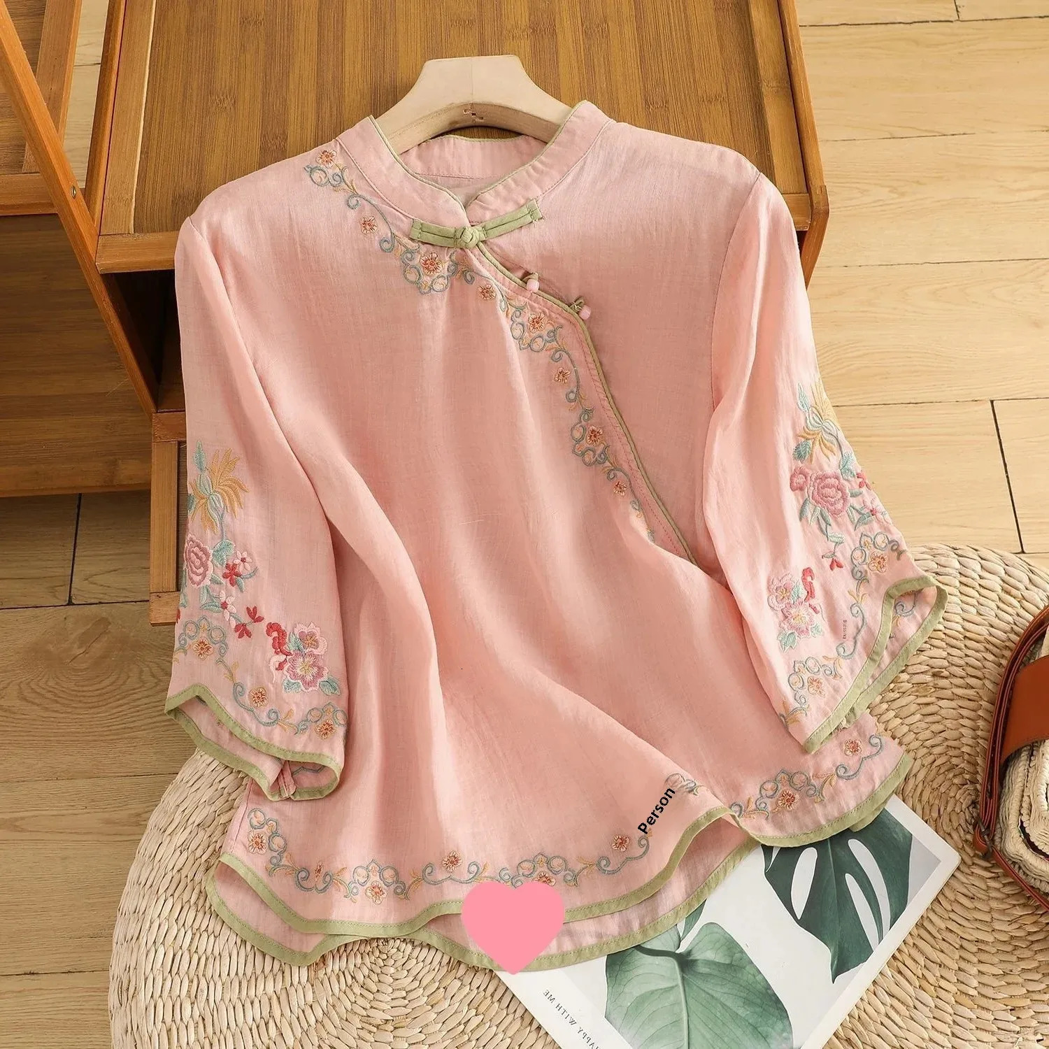 Summer art retro embroidery weight loss cotton linen womens top with buttons colorful block shaped sleeveless shirt suitable for prolonging life 25042