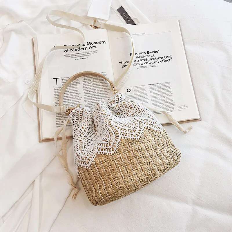 Summer New Ins Fresh Grass Water Bucket Vine Woven Beach Vacation Handbag Crossbody Bag Bag