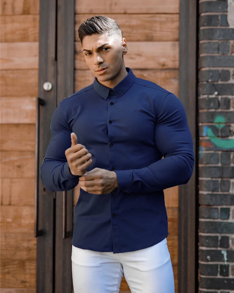 Autumn fashion long sleeved mens ultra-thin slim fit mens casual social business dress mens fitness sportswear 250427