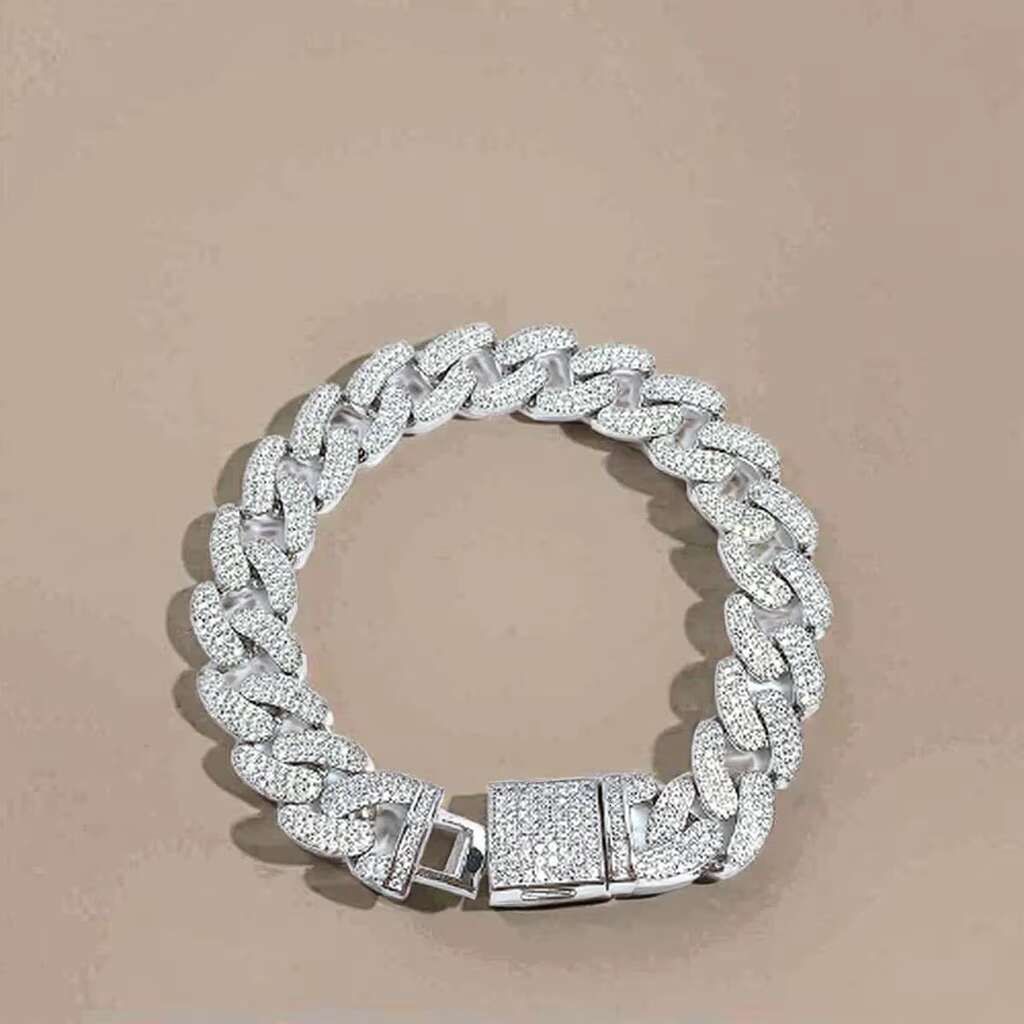 Mens Hip Hop Cuban Trends Charm Bracelet 925 Silver with Rhodium Plating and Zircon Stone for Wedding Party or Gift