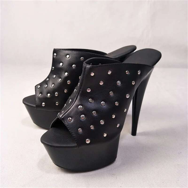 Fish Mouth Thick Soled Heels Metal Slip on Sandals Super High Heel Women Sexy Dance Shoe Slippers Platform Pole Dancing Sh