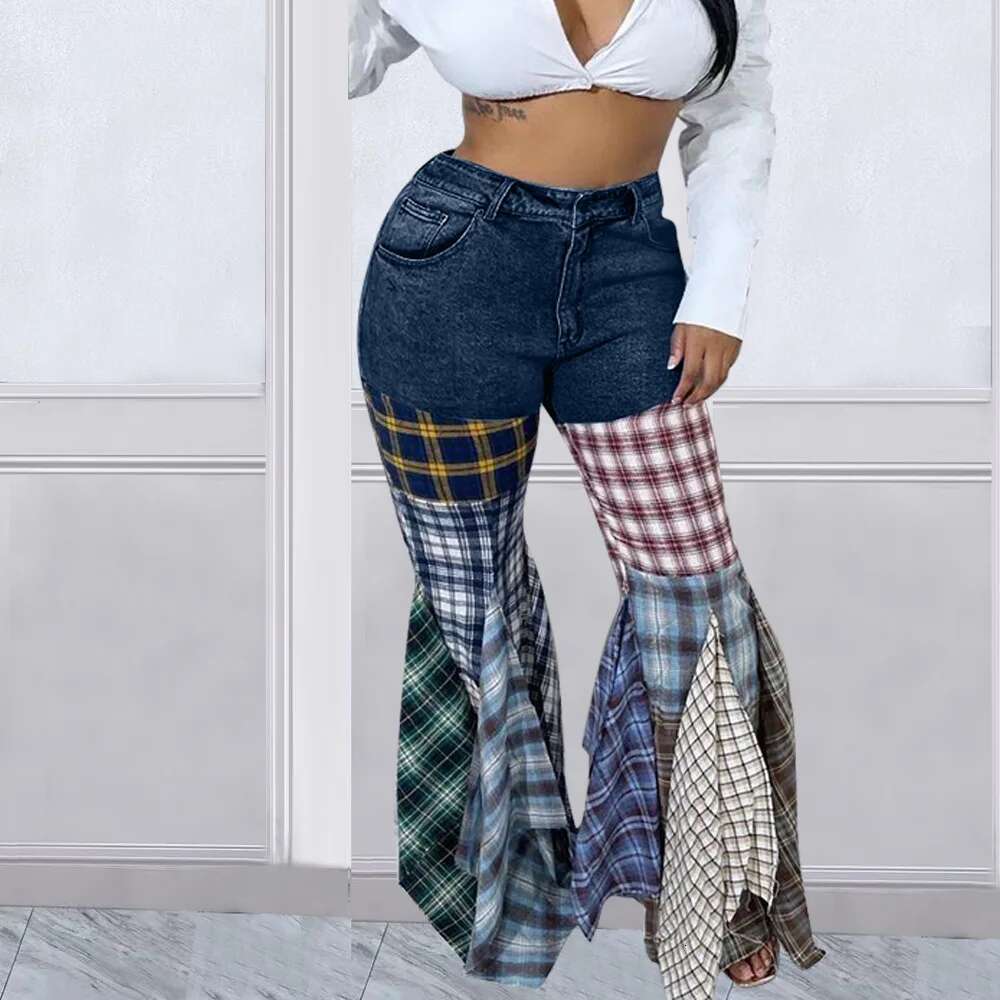 Women fashion Summer Fashion Spliced Houndstooth Denim Ruffle Edge Flared High Waist Jeans Pants Female Trousers Streetwear