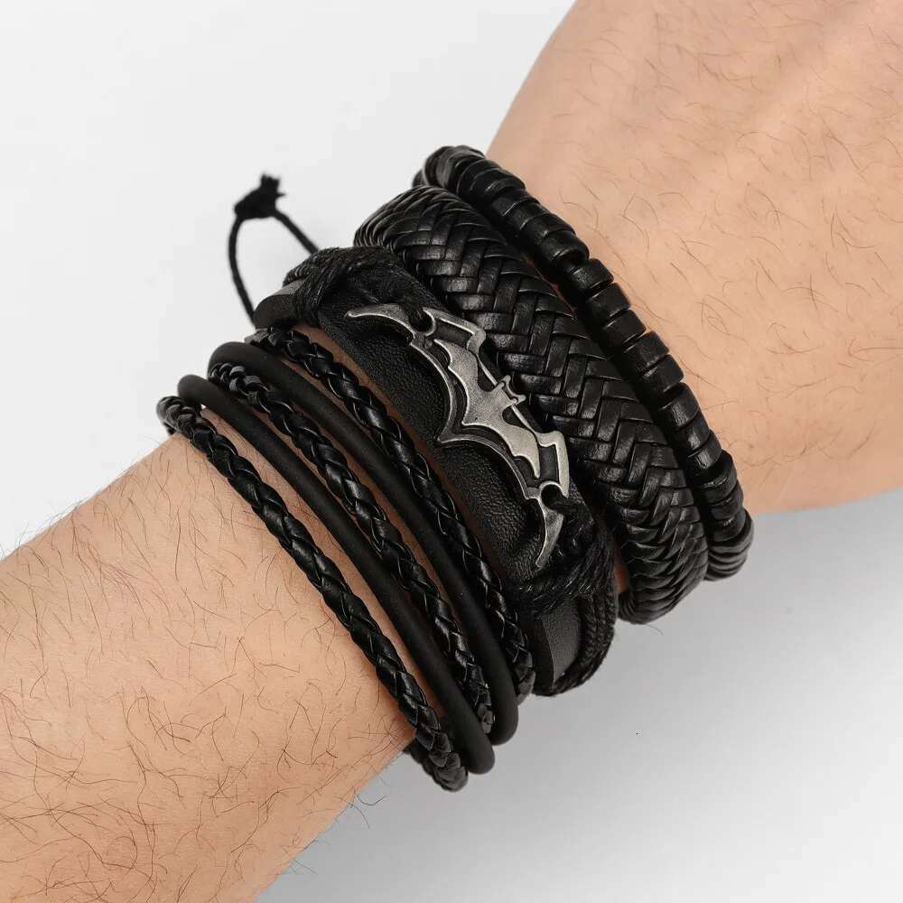 4Pcs/Set Leather Beaded Black Bat Charming Men's Bracelet New Fashion Hip Hop Punk Accessories Jewelry Gift Wholesale