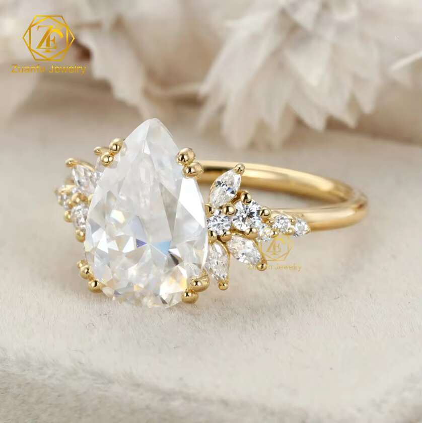 Zuanfo Moissanite Bridal Wedding Jewelry 3ct S925 Sterling Silver VVS D Pear Moissanite Diamond Engagement Ring