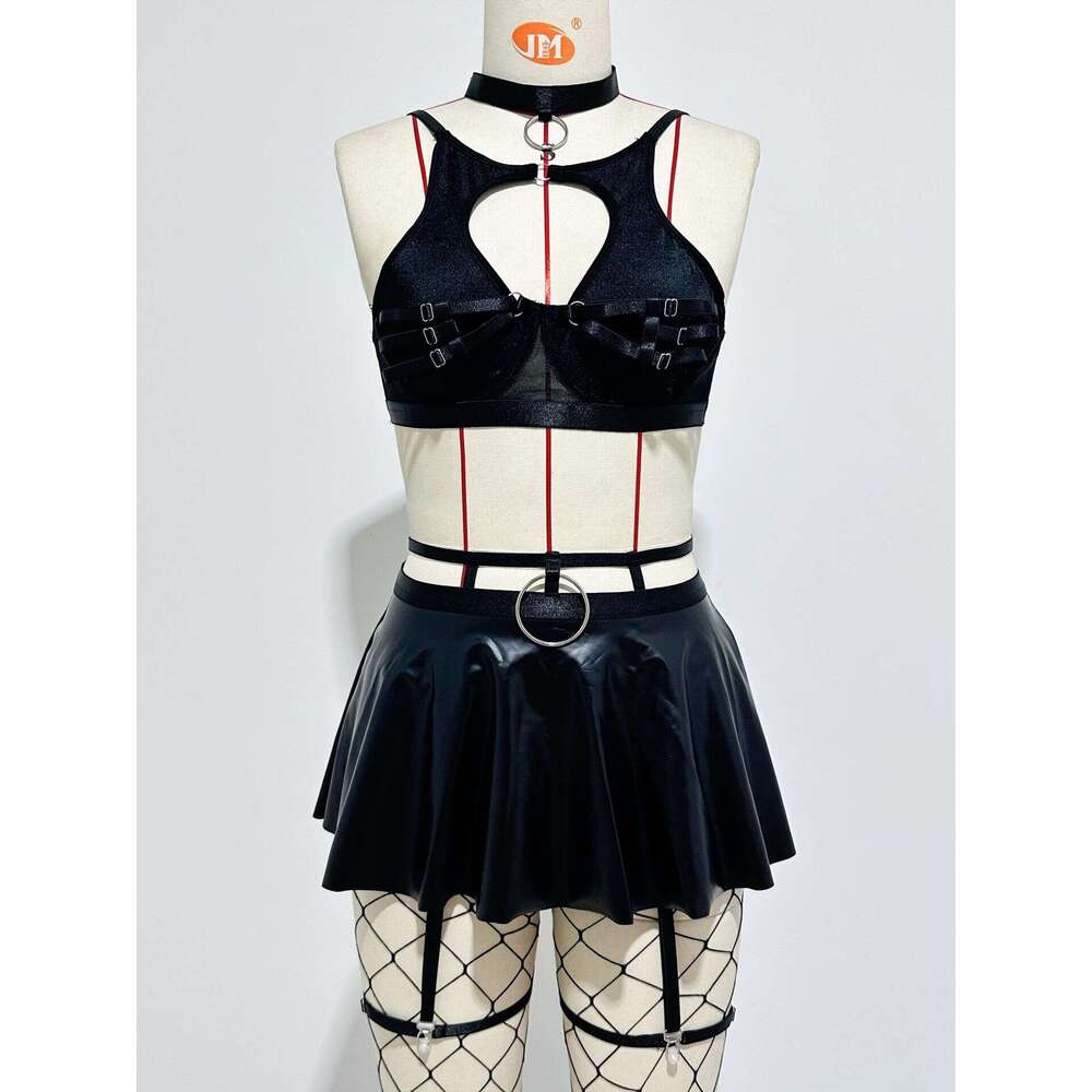 Sexy Underwear Lace Sexy Lingerie Bra Set Solid Color Leather Skirt Mesh Socks For Women