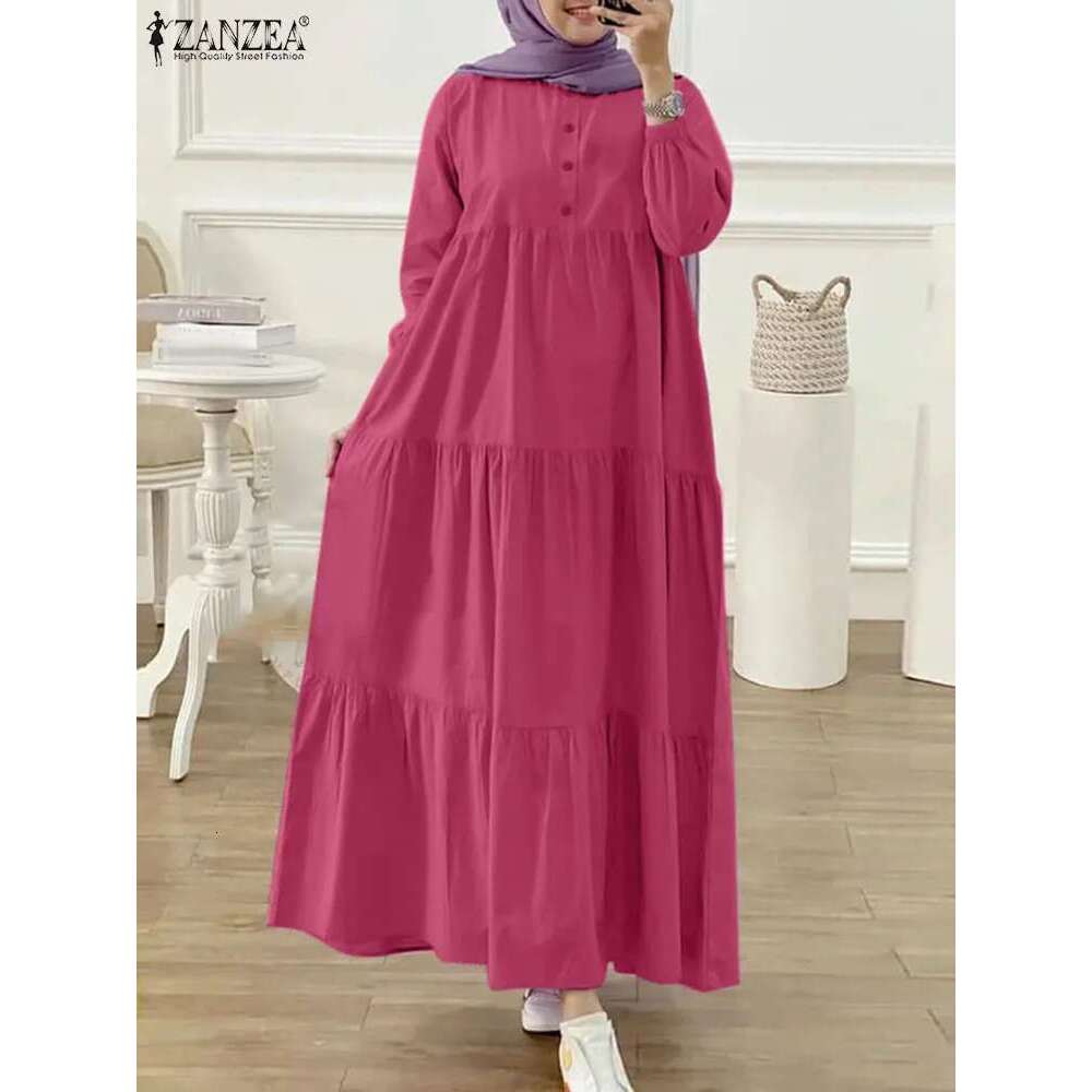 ZANZEA O Neck Casual Loose Maxi Dress Tiered Islamic Hijab Women Sleeve Long Vestidos Muslim Fashion Autumn Abaya Robes