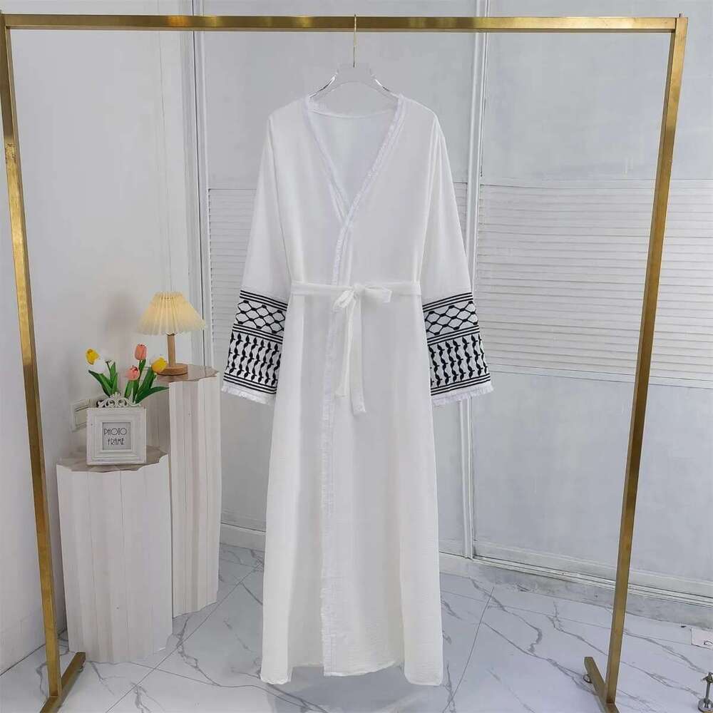 Open Front Abaya Muslim Long Sleeve Cardigan Abayas With Belt Maxi Dress Women's Clothing Tassel Embroidery Kaftan Women Jilbabs