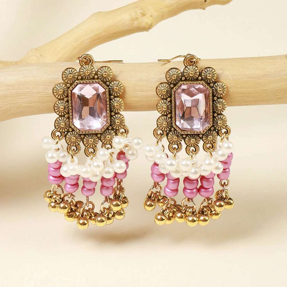 Bohemia Ethnic Pendant Necklace Earrings Set For Women Indian Bollywood Golden Square Zircon Beaded Tassel Jewelry Sets
