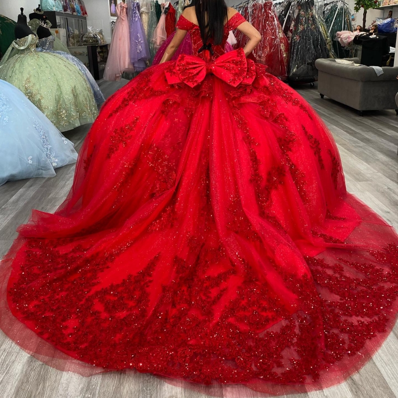 Red Quinceanera Dresses Off Shoulder Ball Gown Sweet 16 Dress Applique Lace Beading Tull Birthday Party Vestidos 15 De Anos