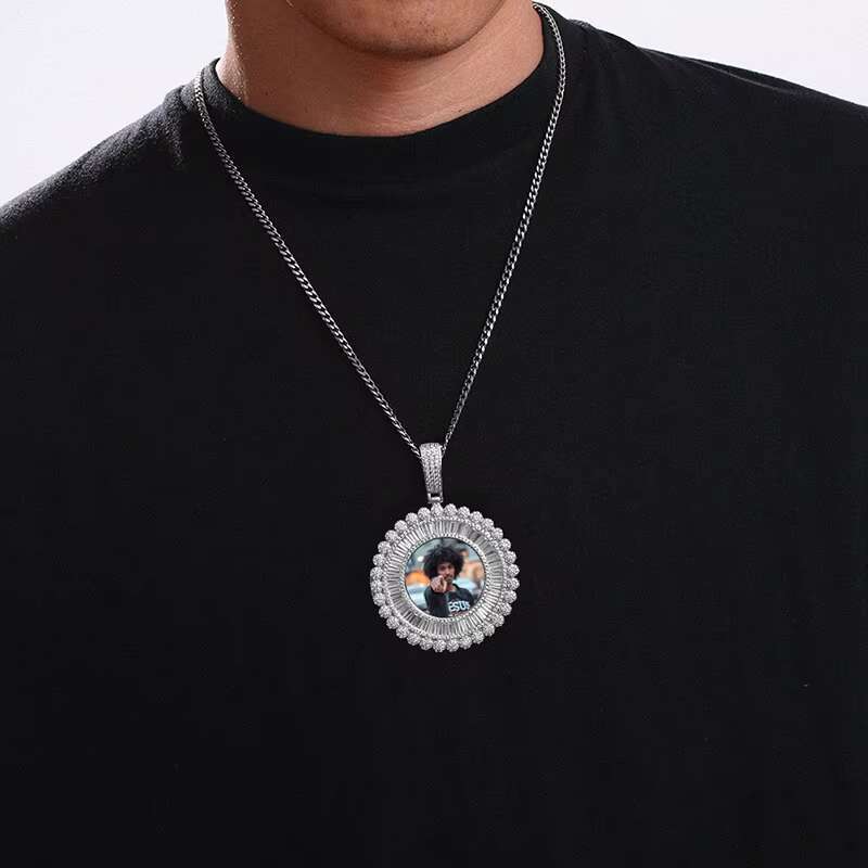 Baguette Memory Photo Pendant Hip Hop Iced Out AAAAA CZ Diamond Photo Custom Pendant Punk Round Diy Sublimation Memory Pendant
