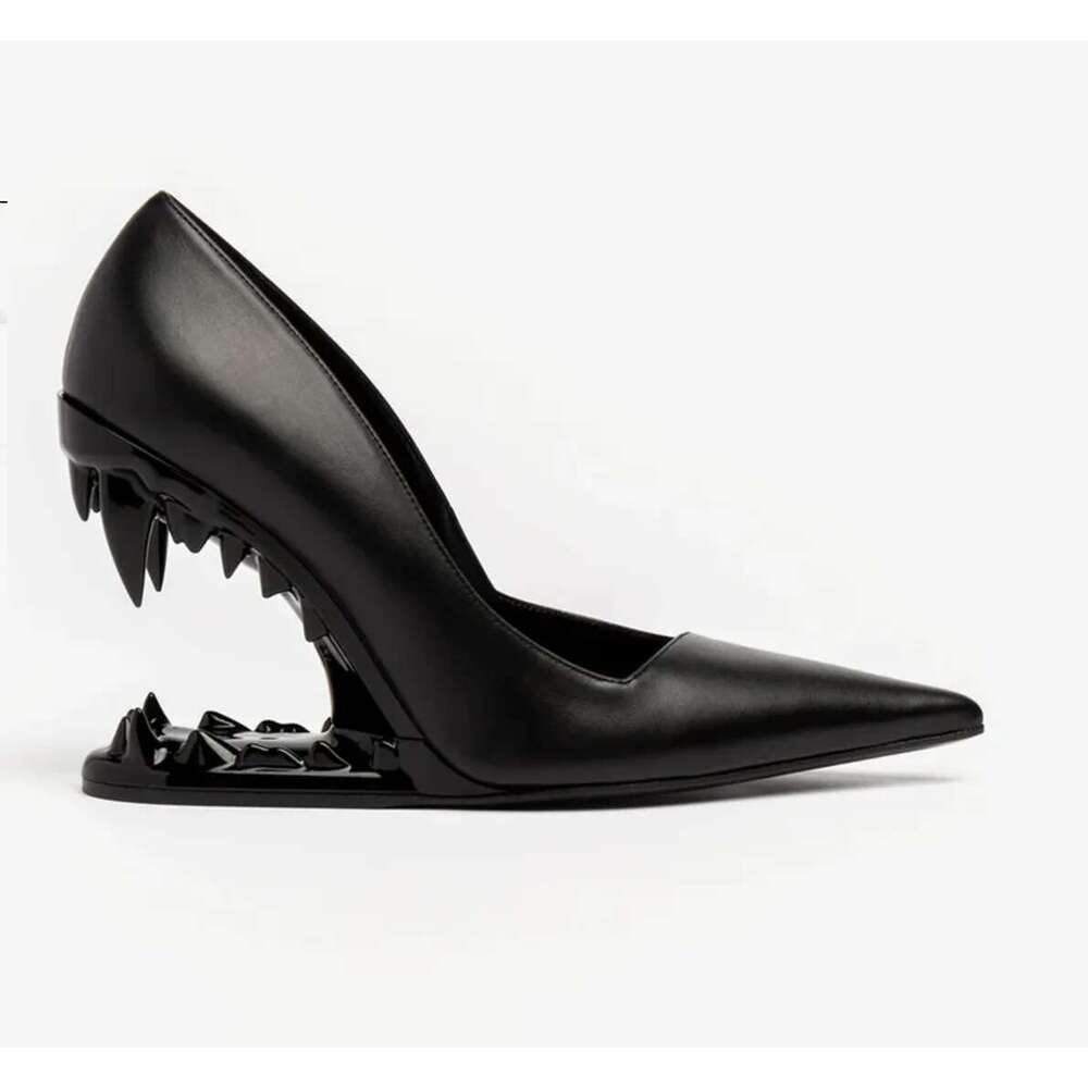 New Fashion Heel Show Metal Tooth Wedge High Heels Branded Pointed Toe Pumps Wedding Banquet Women Shoes