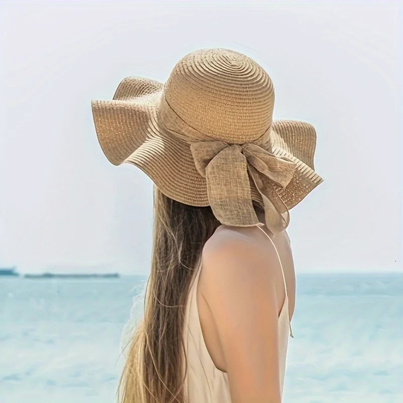 2 khaki wave beach womens sun hats and woven shoulder bags combined with fashionable pleated lightweight and breathable 250430