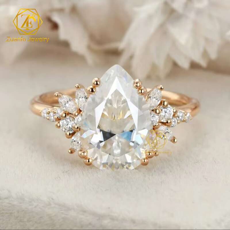 Zuanfo Moissanite Bridal Wedding Jewelry 3ct S925 Sterling Silver VVS D Pear Moissanite Diamond Engagement Ring