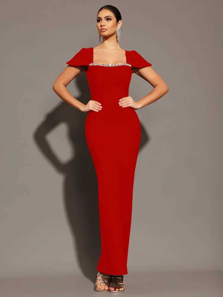 Womens Celebrity Sexy Square Collar Black Red Blue Maxi Long Belt Dress 2025 EleGant Nightclub Party Set W250430