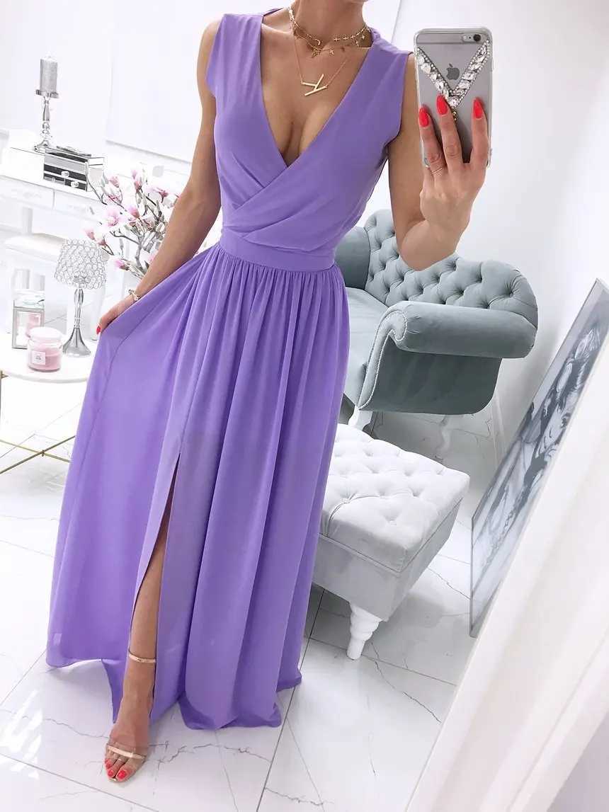 Summer new sleeveless solid color V-neck dress for women floral polyester high waisted dress W250430