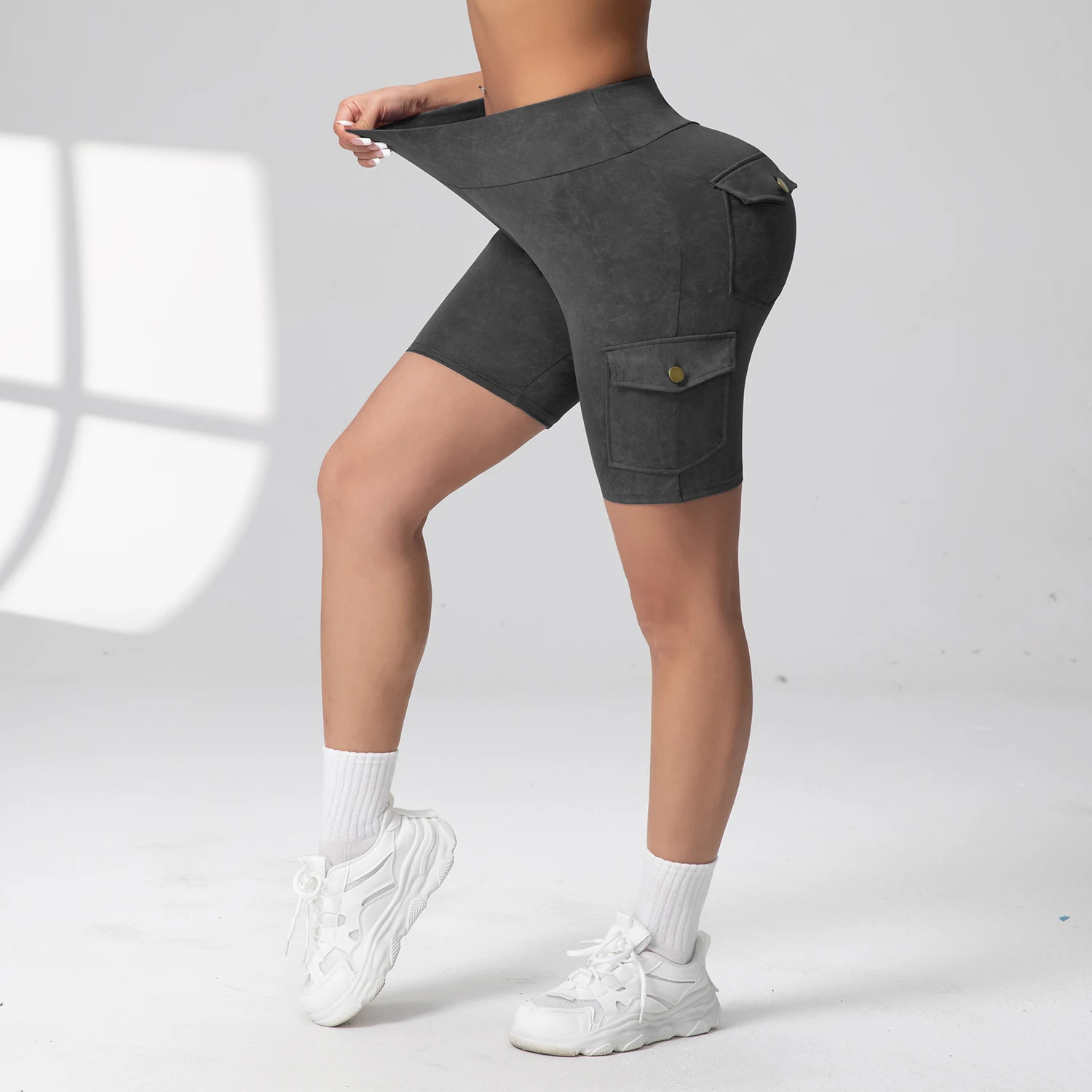 Womens multi flap pocket tie dye cargo shorts long legs high waist slim fit bicycle leisure home sports 250425
