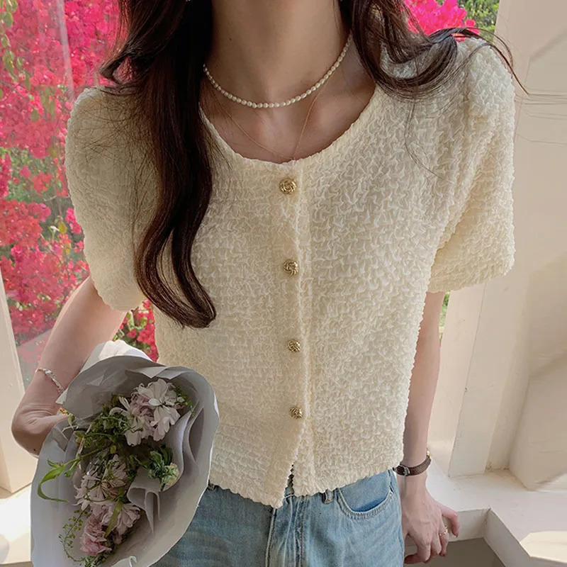 Summer Short sleeved Oneck Womens Shirt Sweet White Top 2025 Blusas Para Mujer Blusa XL183 250422