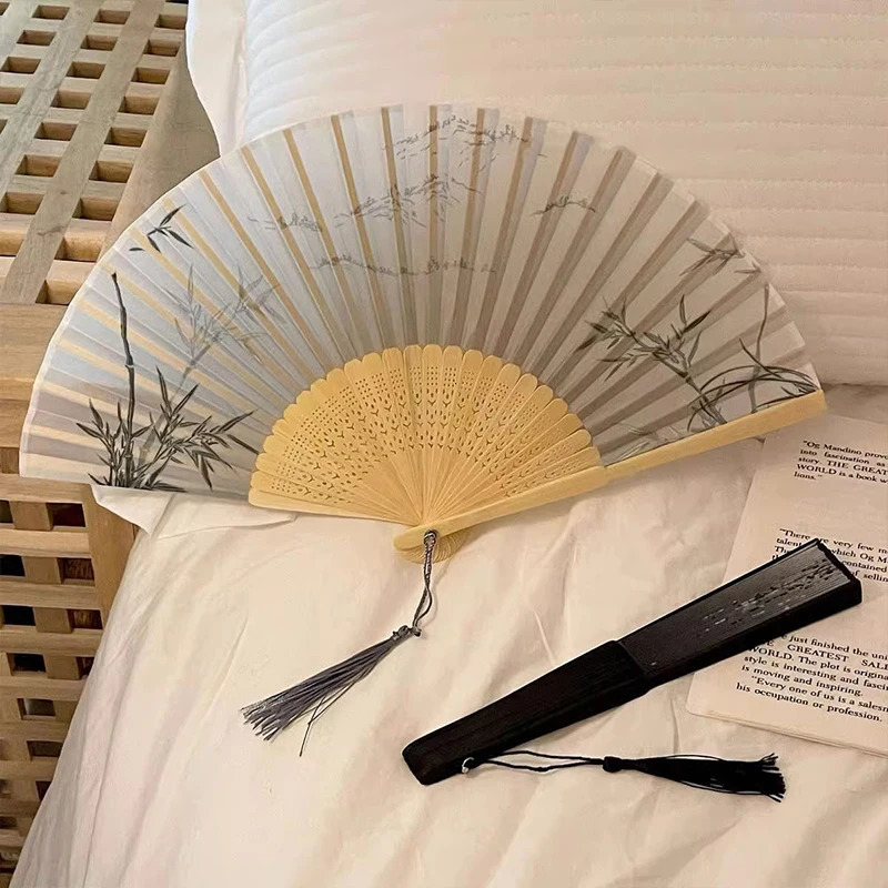 Wooden silk fabric folding fan retro style womens Japanese pattern retro fabric art craft gift home decoration handmade fan 250430