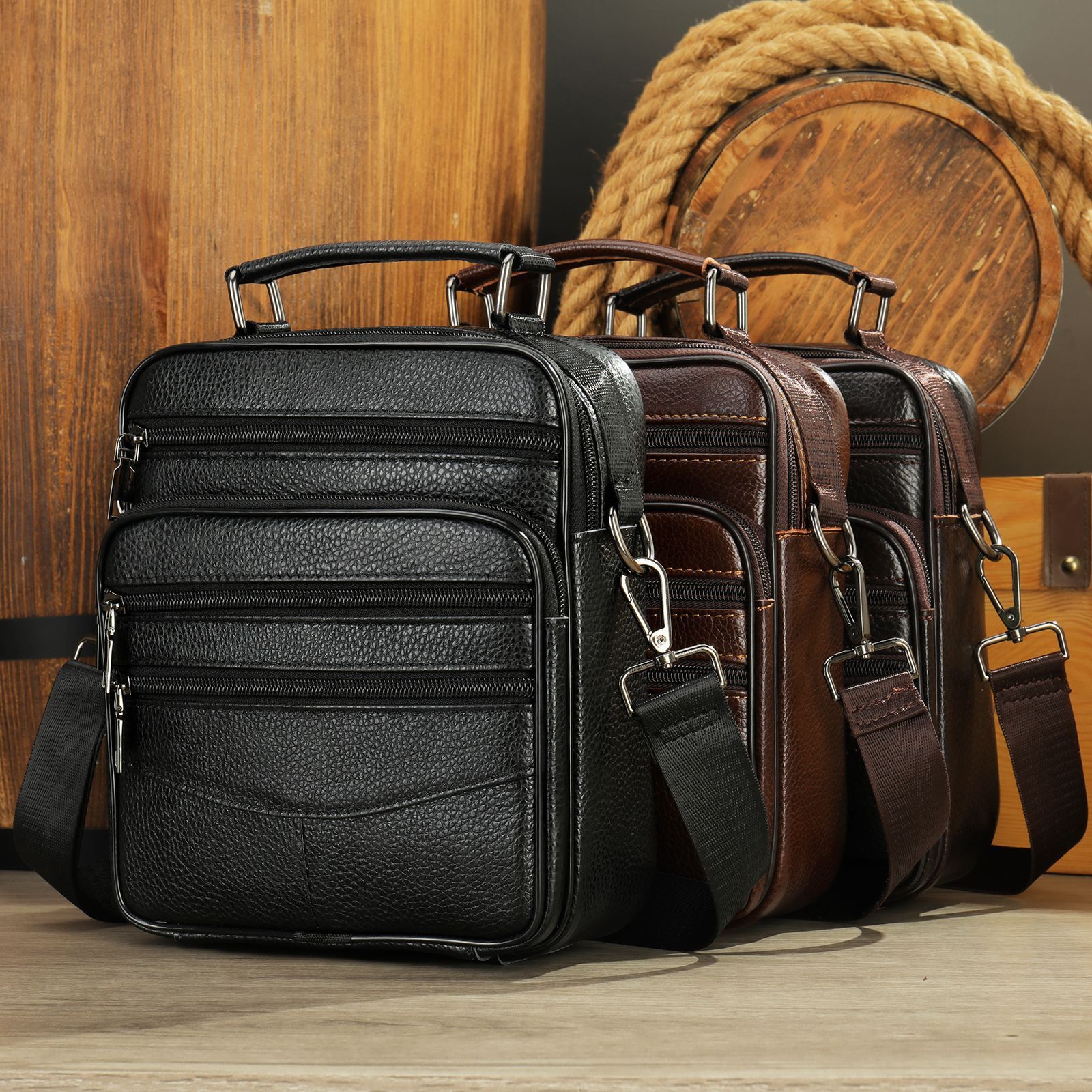 Single shoulder men's leather crossbody top layer cowhide casual small business vertical bag, trendy