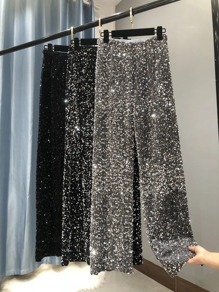 Womens Fashion Trend Sparkling Gold Pants Relaxing Waist Wide Leg Korean Style 250428