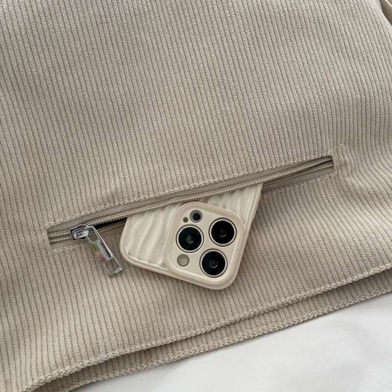 Women Corduroy Shoulder Bag Cute Handbag Big Tote Large Capacity Female Soft Thick Stripe Cloth Purse College Girl Backpacks Bag