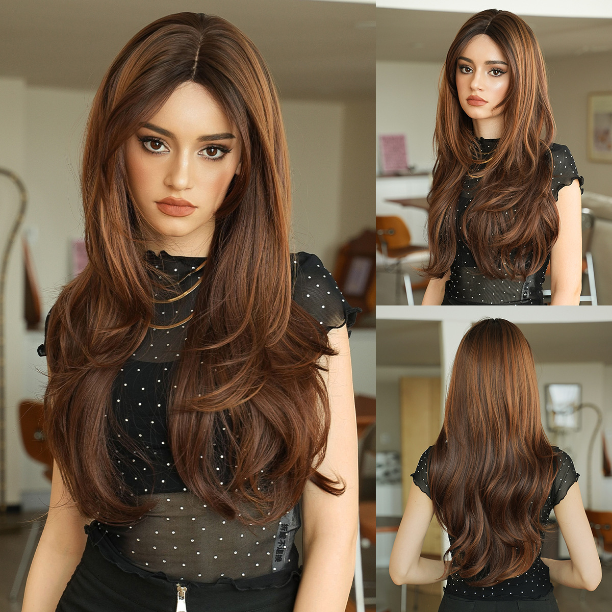 and Japanese Korean wigs sweet orange tea brown womens long hair high level mid split wig full head small lace wig headband