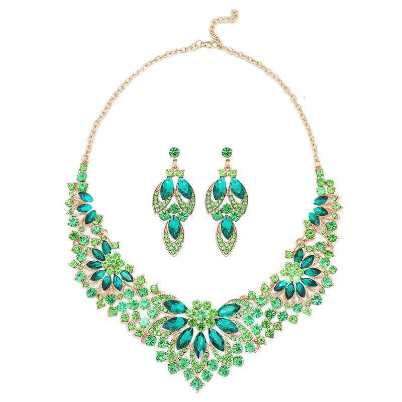 KMVEXO Exquisite Leaves Green Crystal Sets For Women Wedding Party Jewelry Accessories Stud Earrings & Necklace Set Gift