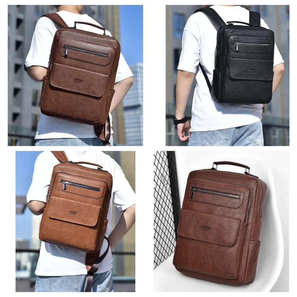JEEP BULUO New Backpack Men School Bags Brand 15.6 Inches Laptop Backpacks High Quality Leather Waterproof Brown Fashion Urban