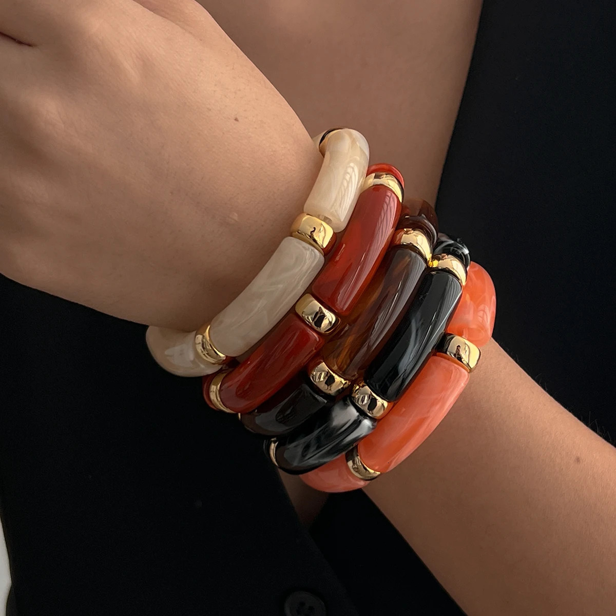 PuRui 3 pieces/set Bohomia colorful bamboo tube stackable plastic bead bracelet womens retro elastic bracelet couple jewelry 250428