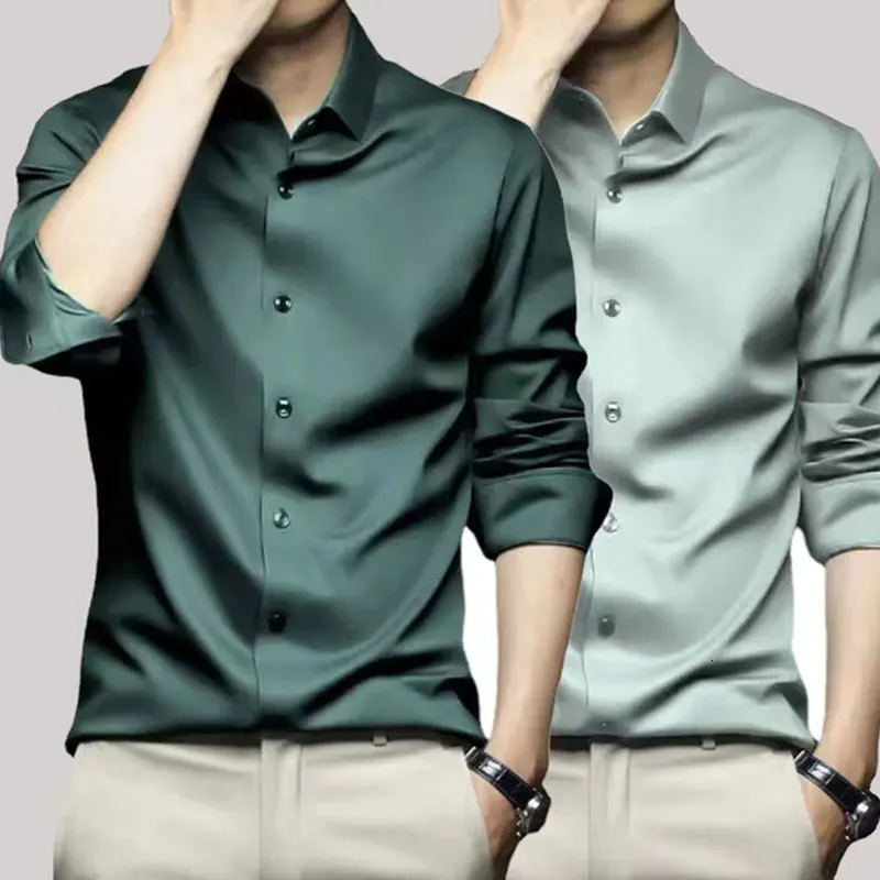 6XL mens long sleeved spring and summer ice silk formal highquality business casual fashion iron free large slim fit 250427