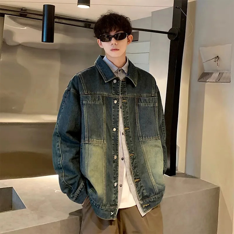 mens denim jacket for autumn and winter warm wool lining slim fit button up front vintage fashion 250428